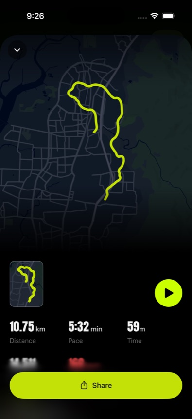 A workout on Amble with route, stats and Share